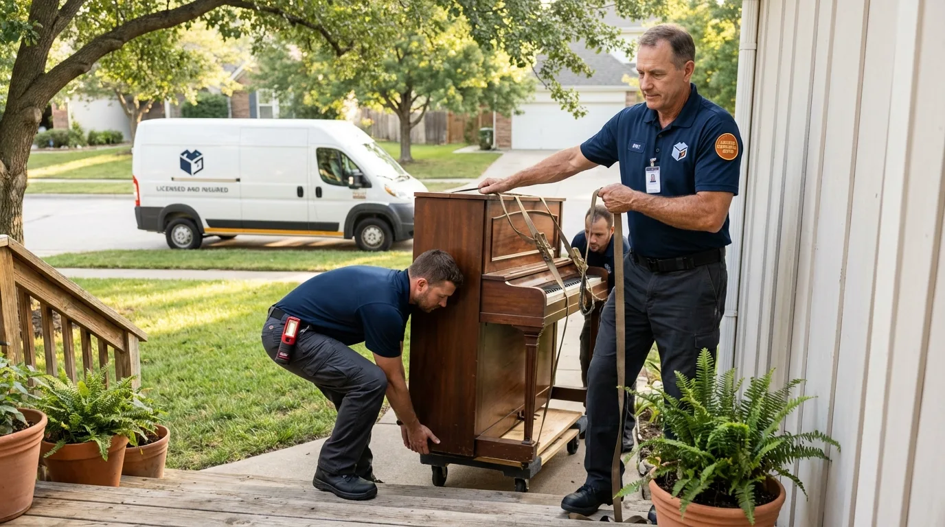 Licensed piano movers securing grand piano in West Liberty, WV