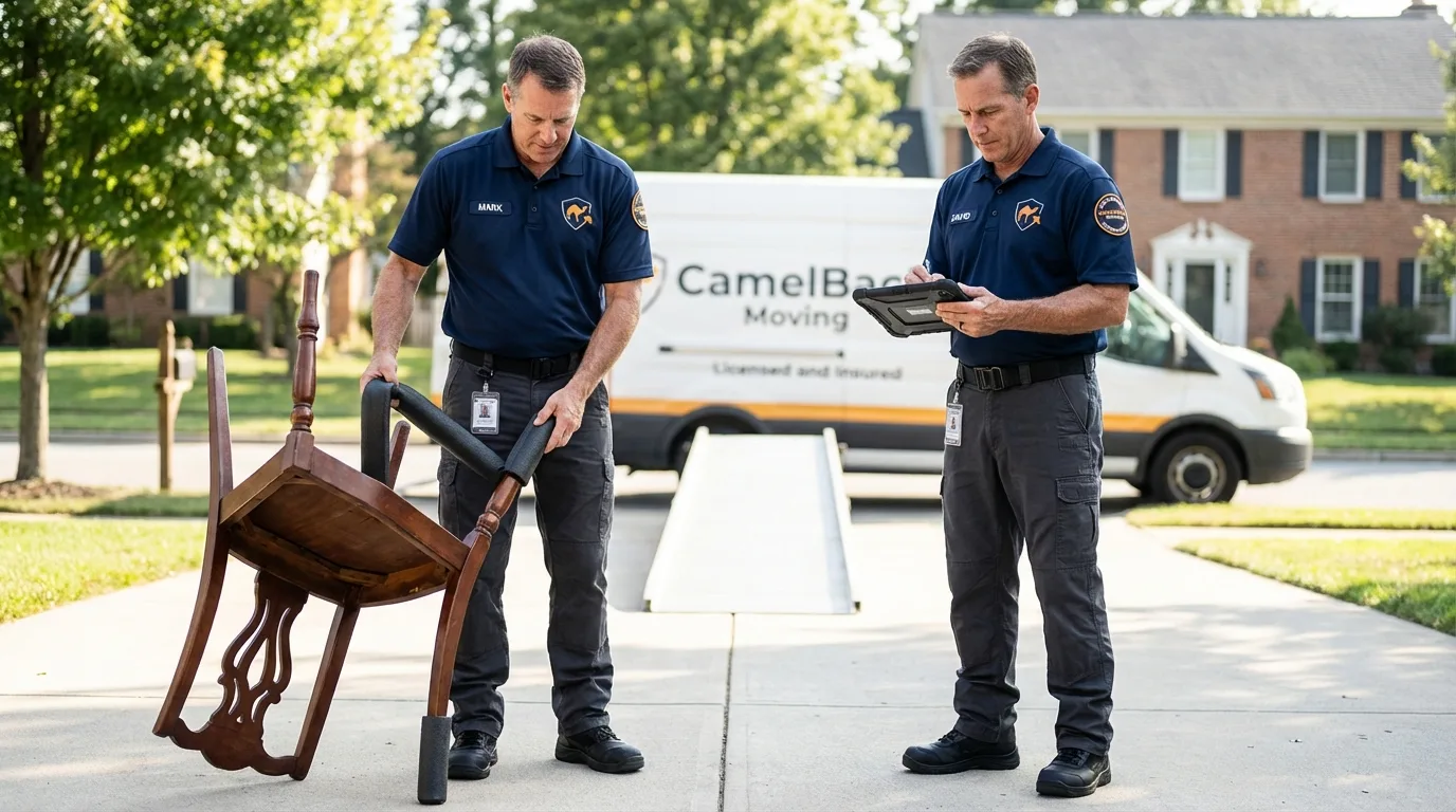Movers inspecting furniture for damage prevention before loading in West Liberty, WV