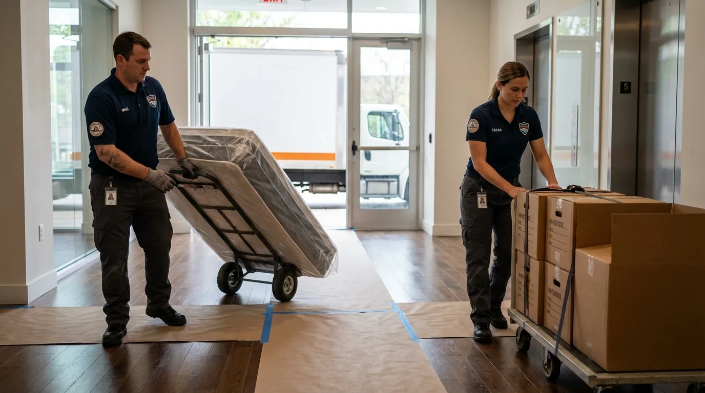 Professional apartment movers loading elevator in West Liberty, WV