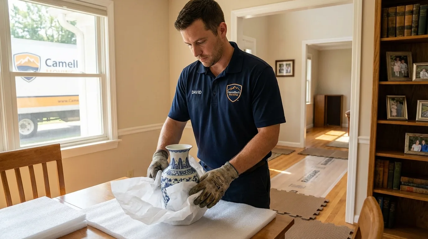 Professional crew carefully wrapping antique vase for senior downsizing move in West Liberty, WV