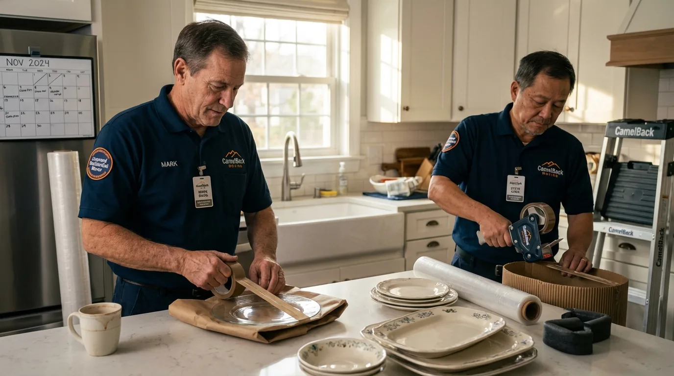 Professional crew packing kitchen dishware in West Liberty, WV